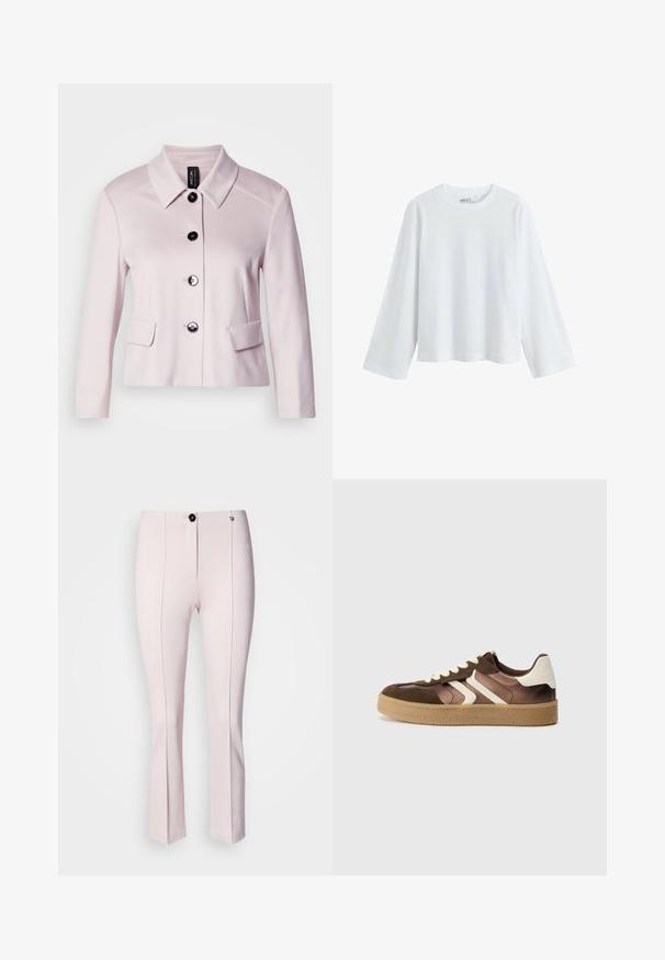Lichtroze jasje met een ronde kraag, zwarte knopen en twee voorzakken. De gladde textuur en het op maat gemaakte ontwerp versterken de gestructureerde uitstraling.; Witte, lange mouwen t-shirt gemaakt van zachte katoen, met een ronde halslijn en een drop-shoulder ontwerp, met een relaxte pasvorm en zonder zichtbare patronen.; Roze op maat gemaakte broeken met een lichte flare, voorzien van een sluiting met een knop aan de voorkant, twee verticale naden en een gladde textuur.; Bruine en crèmekleurige sneakers van een combinatie van suede en satijn, met drie diagonale strepen en een gestructureerde gumrubberen zool.