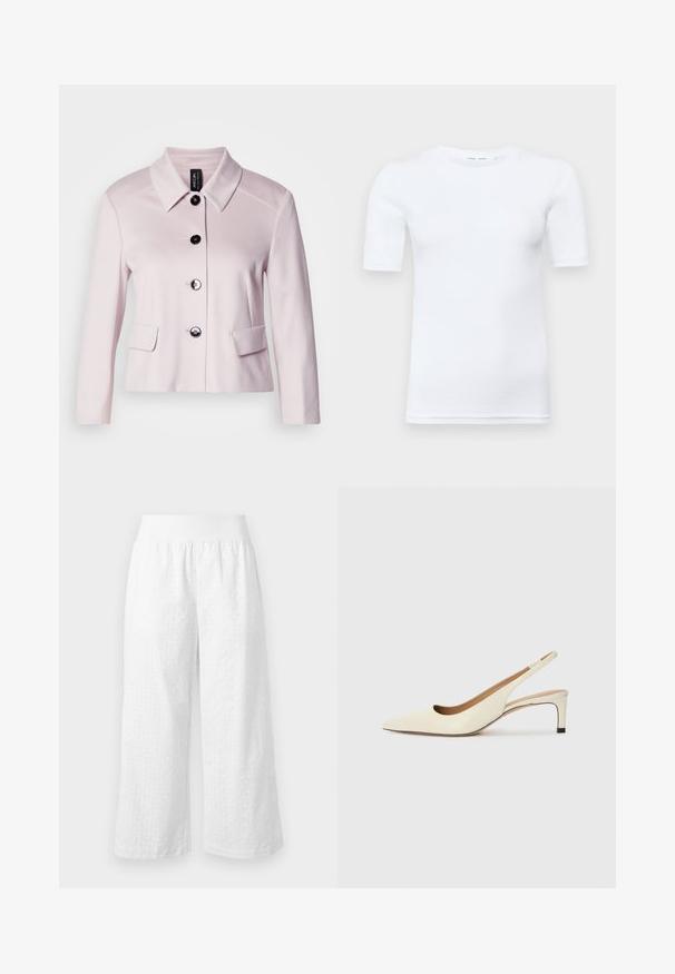 Light pink jacket with a rounded collar, black buttons, and two front pockets. Smooth texture and tailored design enhance its structured look.; White short-sleeve t-shirt made of cotton. Features a round neckline and a smooth texture, with minimal stitching visible at the hem.; Marc Cain Trousers - white; Pointed-toe slingback shoe in off-white leather, featuring a low heel and cut-out design with a smooth texture and minimal accents.