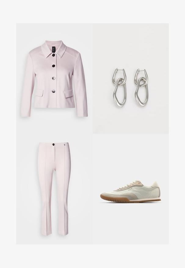 Lyserød jakke med rund krave, sorte knapper og to frontlommer. Den glatte tekstur og skræddersyede design forbedrer dens strukturerede udseende.; Hvid kortærmet t-shirt lavet af bomuld. Har en rund halsudskæring og en glat overflade, med minimal syning synlig ved kanten.; Rosa skræddersyede bukser med let udvidelse, der har en frontknaplukning, to lodrette sømme og en glat tekstur.; Hvide og beige sneakers med en glat overdel og suede detaljer, en tekstureret sål og tonet syninger. Snørelukning med logo detalje.; Calvin Klein STATEMENT LINKS - Øreringe - silver-coloured