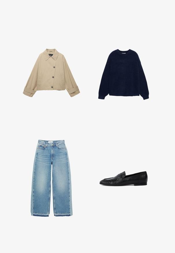 Vaaleanbeige lyhyt takki, jossa on leveä kaulus, suuret napit ja pitkät hihat. Sisältää sivutaskut ja sileän kankaan rakenteen.; Tummansininen neulepaita, joka on valmistettu pehmeästä kankaasta. Paidassa on pyöreä kaula-aukko ja leveät hihat, rento malli sekä ei näkyviä kuvioita tai metalliosia.; Vaaleansiniset leveälahkeiset farkut, joissa on korkea vyötärö, napitus, etutaskut ja raaka helma.; Mustat nahkakengät, joissa on pyöristetty kärki, edessä tikkaukset ja tasapohja. Minimalistinen muotoilu, jossa on hienovarainen logo.