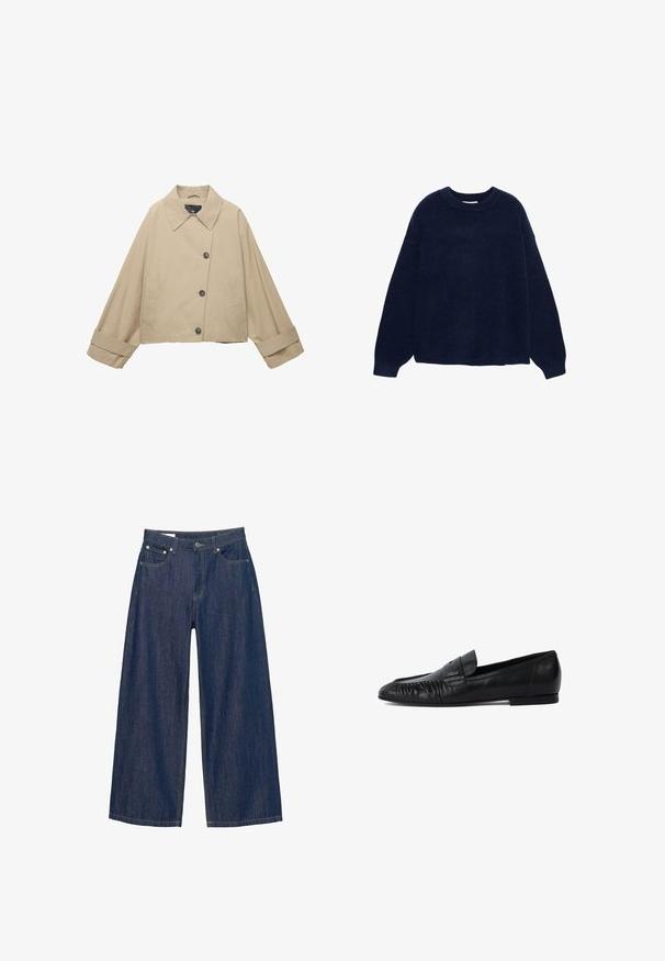 Bež usnjeni jakna s širokim ovratnikom, velikimi gumbi in dolgimi rokavi. Ima stranske žepe in gladko teksturo tkanine.; Mornarsko modra pletena pulover iz mehke tkanine, z okroglim izrezom in širokimi rokavi, sproščenega kroja in brez vidnih vzorcev ali strojnih delov.; Široke jeans hlače v temno modrem jeans materialu, z gumbnim zapiranjem, sprednjimi žepii, in rumenim šivom vzdolž šivov. Gladka tekstura.; Črni usnjeni loafers čevlji z zaobljenim nosom, šivani detajli spredaj in ravnim podplatom. Minimalistična zasnova z diskretnim logotipom.