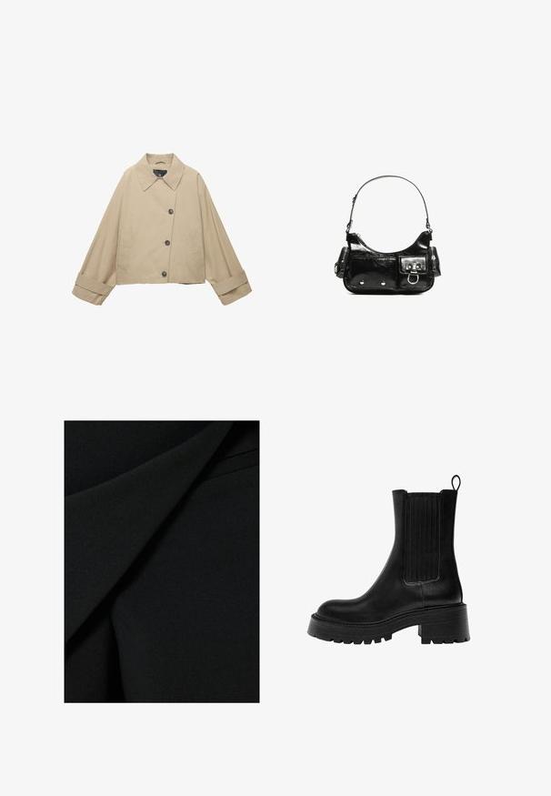 Beige cropped Jacke mit breitem Kragen, großen Knöpfen und langen Ärmeln. Verfügt über Seitentaschen und eine glatte Stofftextur.; Weißer, gerippter Rollkragenpullover mit langen Ärmeln und figurbetontem Schnitt. Weiche Textur mit umgeschlagenen Bündchen; cropped Länge.; Schwarzer Stoff mit einer glatten, matten Textur, der in Schichten gefaltet ist und ein strukturiertes Design aufweist, was ein elegantes Erscheinungsbild erzeugt.; Schwarze Leder-Ankle-Boots mit einer robusten Sohle, strukturierten Seitenpaneelen und einer Zugschlaufe. Sie verfügen über eine glatte Oberfläche und eine runde Zehenpartie.; Schwarze Lackleder-Handtasche mit geschwungenem Design, einem Schulterriemen, Vordertaschen und silberfarbenen Hardware-Akzenten.
