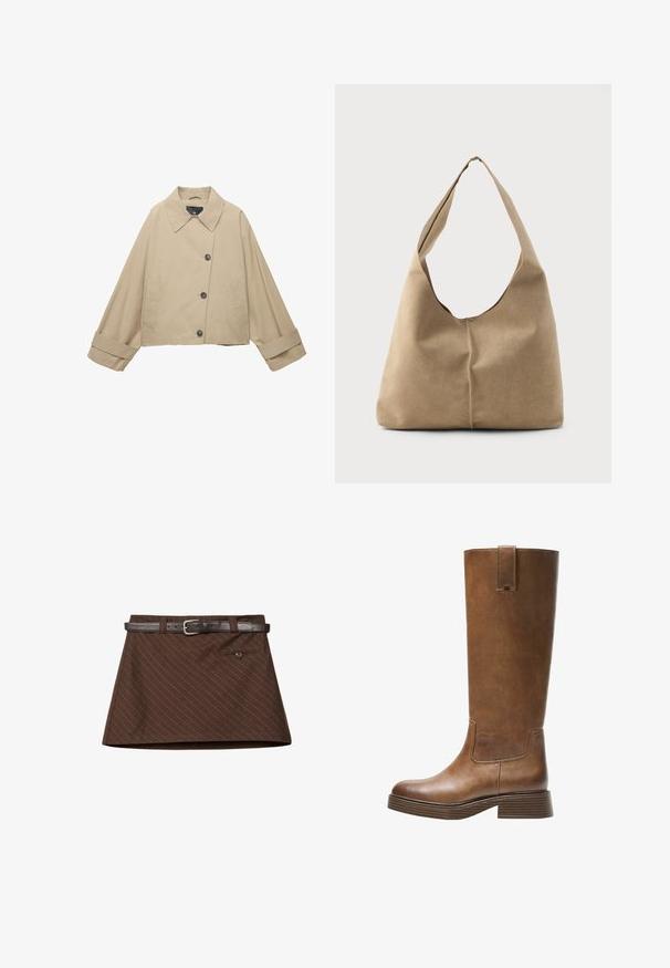 Beżowa krótka kurtka z szerokim kołnierzem, dużymi guzikami i długimi rękawami. Posiada kieszenie po bokach i gładką teksturę materiału.; Beżowy, krótkie sweter wykonany z miękkiego materiału dzianinowego. Posiada okrągły dekolt, długie rękawy oraz prążkowane mankiety i dół, co dodaje mu tekstury.; Brąskowa spódnica z delikatnym wzorem w prążki, z brązowym skórzanym paskiem, jedną przednią kieszenią i usztywnionym kształtem A-linii.; Brązowe skórzane wysokie buty do kolan z okrągłym noskiem, teksturowaną powierzchnią i niskim piętrem o warstwowej budowie. Posiadają boczną wstawkę oraz pętelkę na górze.; Torba hobo w miękkim beżowym zamszu o luźnym kształcie, szerokim pasku na ramię i ręcznie szytym szczególe na przedzie.