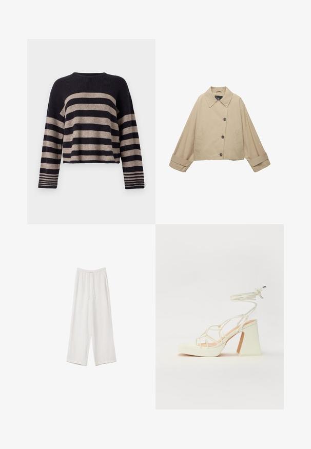 Beige zkrácená bunda se širokým límcem, velkými knoflíky a dlouhými rukávy. Obsahuje boční kapsy a hladký jemný materiál.; Pletený svetr s vodorovnými námořnickými a béžovými pruhy, ribkovanou texturou, kulatým výstřihem a dlouhými rukávy se pruhovanými akcenty na manžetách.; Bílé široké kalhoty vyrobené z lehké tkaniny. Mají elastický pas se šňůrkou a boční kapsy. Hladká textura.; Bílé sandály na vysokém podpatku s robustním podpatkem, s designem s pásky a zavazováním kolem kotníku. Hladký povrch s platformou vpředu pro zvýšení výšky.