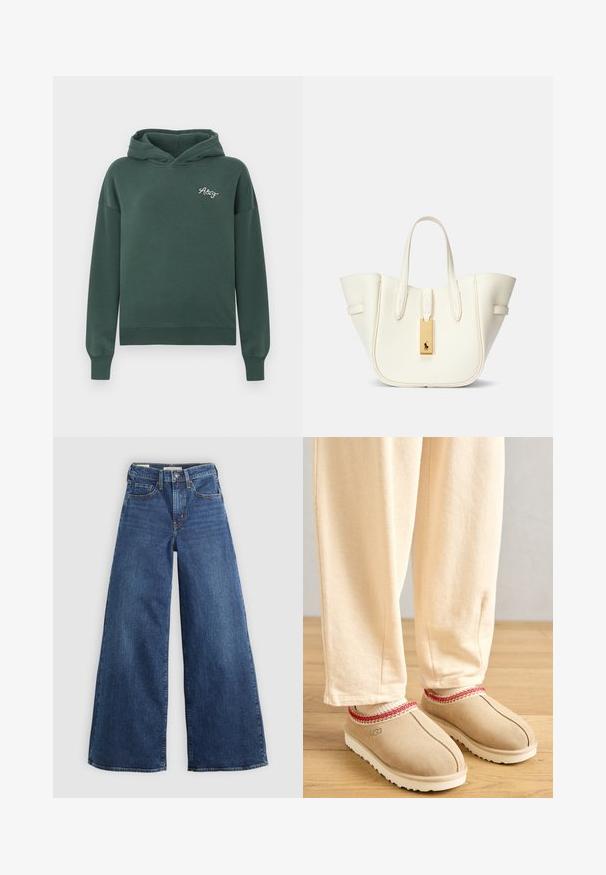 Jachetă bej scurtă cu o guler lat, nasturi mari și mâneci lungi. Are buzunare laterale și o textură a țesăturii netedă.; Hanorac verde dintr-un amestec moale de bumbac, dotat cu o buzunar frontal tip kangaroo, manșete ribbate și un mic logo brodat pe piept.; Jeans din denim albastru cu picioare largi, cinci buzunare, sistem de închidere cu nasture și cusături în contrast, având o finisare moale și texturată.; Cizme din nubuc bej cu o margine decorativă roșie și talpă din cauciuc alb, asortate cu pantaloni bej deschis, așezate pe un podea din lemn.; Geantă de tote din piele albă, cu o formă structurată, cusături proeminente, etichetă din metal aurie și două mânere. Superfață texturată cu buzunare laterale.