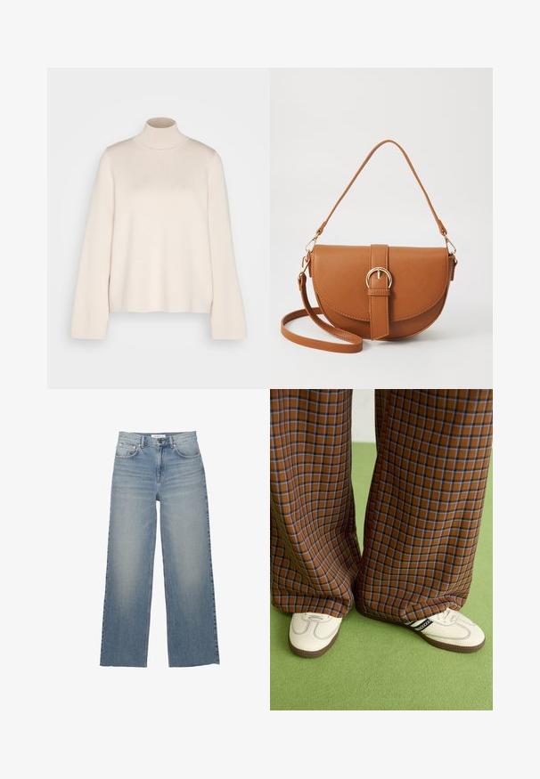 Beige cropped Jacke mit breitem Kragen, großen Knöpfen und langen Ärmeln. Verfügt über Seitentaschen und eine glatte Stofftextur.; Cremfarbener Rollkragenpullover mit langen Ärmeln, aus weichem Strickstoff gefertigt. Verfügt über einen enganliegenden Kragen und eine lockere Silhouette. Keine sichtbaren Muster oder Akzente.; Helle blaue weit geschnittene Jeans aus Denim mit hoher Taille, vorderen Taschen und einem Knopfverschluss. Glatte Textur mit ausgewaschenen Stellen.; Braun und blaue Karohosen mit weitem Bein, kombiniert mit weißen Schuhen mit schwarzen Akzenten und strukturierten Sohlen, vor einem grünen Hintergrund.; Braune Leder-Crossbody-Tasche mit geschwungener Form, goldfarbenen Beschlägen und einer Schnallenakzentuierung. Verfügt über einen abnehmbaren Schultergurt.