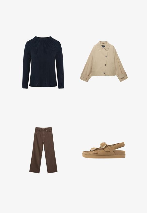 Giacca cropped beige con ampio colletto, grandi bottoni e maniche lunghe. Presenta tasche laterali e una trama di tessuto liscia.; Maglione lavorato a maglia blu navy con collo rotondo, texture a coste, maniche lunghe e vestibilità comoda. Nessun motivo o dettaglio visibile.; Jeans a gamba larga marroni in denim, con vita alta, tasche anteriori e chiusura a bottone classica. Tessuto liscio con cuciture sottili.; Sandali in suede tan con due cinturini regolabili, dettagli in metallo dorato e una suola spessa e imbottita per comfort e supporto.
