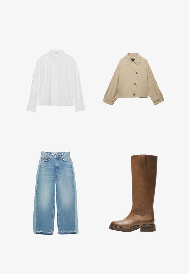 Jachetă bej scurtă cu o guler lat, nasturi mari și mâneci lungi. Are buzunare laterale și o textură a țesăturii netedă.; Bluză albă cu mânecă lungă, guler, închidere cu nasturi și detalii pliate la umeri și mâneci. Textură a materialului fin.; Jeans de denim albastre deschis, cu croi larg, având talie înaltă, închidere cu nasture, buzunare frontale și tiv brut.; Botă din piele maro, până la genunchi, cu vârf rotunjit, suprafață texturată și toc mic, îngroșat. Dispune de un panou lateral și un capac de prindere în partea de sus.