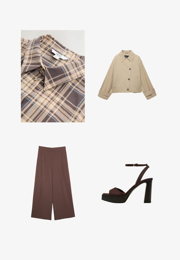 Giacca cropped beige con ampio colletto, grandi bottoni e maniche lunghe. Presenta tasche laterali e una trama di tessuto liscia.; Camicia beige a quadri con motivi marroni e blu, colletto e chiusura a bottoni. Realizzata in un tessuto morbido con una texture liscia.; Pantaloni ampi marroni con una texture liscia, caratterizzati da una vita alta e pieghe frontali. Il tessuto è leggero e scorre liberamente.; Sandal in camoscio marrone con tacco alto, punta aperta, cinturino alla caviglia regolabile e suola a piattaforma striata.