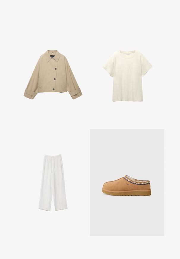 Veste cropped beige avec un large col, de grands boutons et des manches longues. Présente des poches latérales et une texture de tissu lisse.; T-shirt beige clair à manches courtes avec un col rond, fabriqué en tissu doux et lisse. Présente une coupe décontractée et un ourlet droit.; Pantalons larges blancs en tissu léger. Dotés d'une taille élastique avec cordon de serrage et de poches latérales. Texture lisse.; Chaussure slip-on en suède beige avec une doublure en laine texturée et des coutures décoratives de style ethnique autour du col. Équipée d'une semelle en caoutchouc.