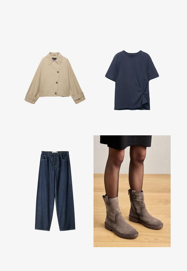 Beige cropped jacket with a wide collar, large buttons, and long sleeves. Features side pockets and a smooth fabric texture.; Navy blue short-sleeve T-shirt made of cotton; features a twisted knot detail on the side, round neckline, and relaxed fit.; Dark blue denim trousers with a wide-leg design. Features an elastic waistband, drawstring, and front pockets. Smooth texture with visible stitching.; Gray suede ankle boots with side zippers and textured soles. The design features a fitted upper and a round toe, set on a chunky heel.