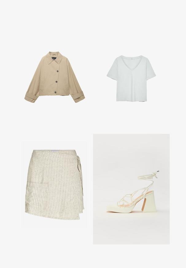 Béžová skrátená bunda so širokým golierom, veľkými gombíkmi a dlhými rukávmi. Obsahuje bočné vrecká a hladkú textúru látky.; Svetlošedé tričko s krátkymi rukávmi a výstrihom do V, vyrobené z mäkkého materiálu; má uvoľnený strih a čisté stehy bez vzorov.; Bežová sukňa s vertikálnymi pruhmi. Obsahuje bočnú kapsu, textúrovanú látku a nastaviteľné viazanie v páse.; Biele sandále na vysokom opätku s hrubým podpätkom, s pruhovaným dizajnom a viazaním na členku. Hladký povrch s platformou vpredu pre zvýšenú výšku.