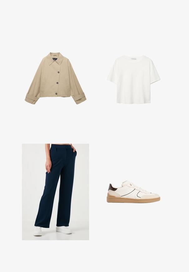 Beige kort jacka med bred krage, stora knappar och långa ärmar. Har sidfickor och en slät tygtextur.; Vit t-shirt med kort ärm i bomull. Har en rundad halsringning och en avslappnad passform. Slät textur utan synliga mönster eller detaljer.; Marinblå vida byxor i ett mjukt, stretchigt material, med dragsko i midjan och sidofickor, kombinerat med vita sneakers.; Stradivarius Sneakers - white