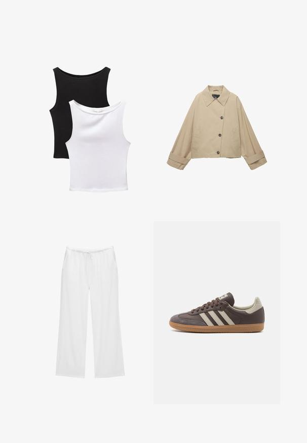 Beige cropped jasje met een brede kraag, grote knopen en lange mouwen. Beschikt over zijzakken en een gladde stofstructuur.; Twee mouwloze tops in zwart en wit, gemaakt van katoen. Beschikken over ronde halslijnen en een fitted ontwerp met een gladde textuur.; Witte wijde broekspunten gemaakt van zachte stof, met een elastische tailleband en een koord, en twee zijzakken. Eenvoudig en strak ontwerp.; Bruine leren sneaker met drie lichtgekleurde strepen, rubberen gumzool, ronde neus en gestructureerde nubuck accenten op de hiel en neus.