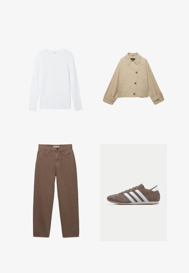Beige cropped jasje met een brede kraag, grote knopen en lange mouwen. Beschikt over zijzakken en een gladde stofstructuur.; Witte langwerpige blouse van glad katoen, met een ronde halslijn en zonder patronen of versieringen. Klassiek, minimalistisch ontwerp.; Bruine katoenen denim broek met een losse pasvorm, vijf zakken en een ritssluiting. Heeft een subtiele textuur en klassieke stikseldetails.; Bruine suède sportschoen met witte strepen, ronde neus, vetersluiting en gumrubberen zool. Gestructureerde bovenkant met stikseldetails.