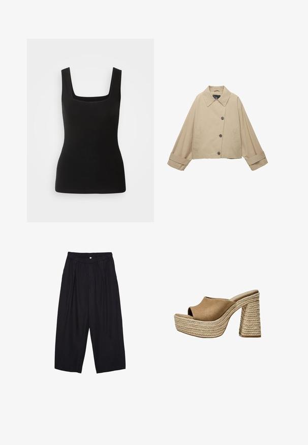 Giacca cropped beige con ampio colletto, grandi bottoni e maniche lunghe. Presenta tasche laterali e una trama di tessuto liscia.; Top senza maniche di colore nero con scollo quadrato, realizzato in tessuto liscio; design aderente senza motivi o dettagli hardware.; Pantaloni culotte neri in poliestere con una cintura elastica, due pieghe frontali e una silhouette ampia. Nessun motivo visibile o dettagli in metallo.; Mule in suede marrone con platform e punta aperta, dotati di un tacco in juta intrecciata chunky e un design superiore liscio e arrotondato.