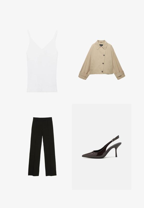 Bež jakna skraćena kroja s širokim ovratnikom, velikim dugmadi i dugim rukavima. Ima bočne džepove i glatku teksturu tkanine.; Bijela majica bez rukava s tankim naramenicama, V-izrezom, prilagođenim krojem i rebrastom teksturom. Materijal izgledaju mekano i lagano.; Crne široke hlače izrađene od glatkog materijala, s uskim pojasom i suptilnim prednjim naborima za dodatnu teksturu.; Sandalice na visokom potpetici od sjajnog tamnosmeđeg lakiranog kože, s oštrim vrhom, otvorenim stranama i podesivom naramenicom.