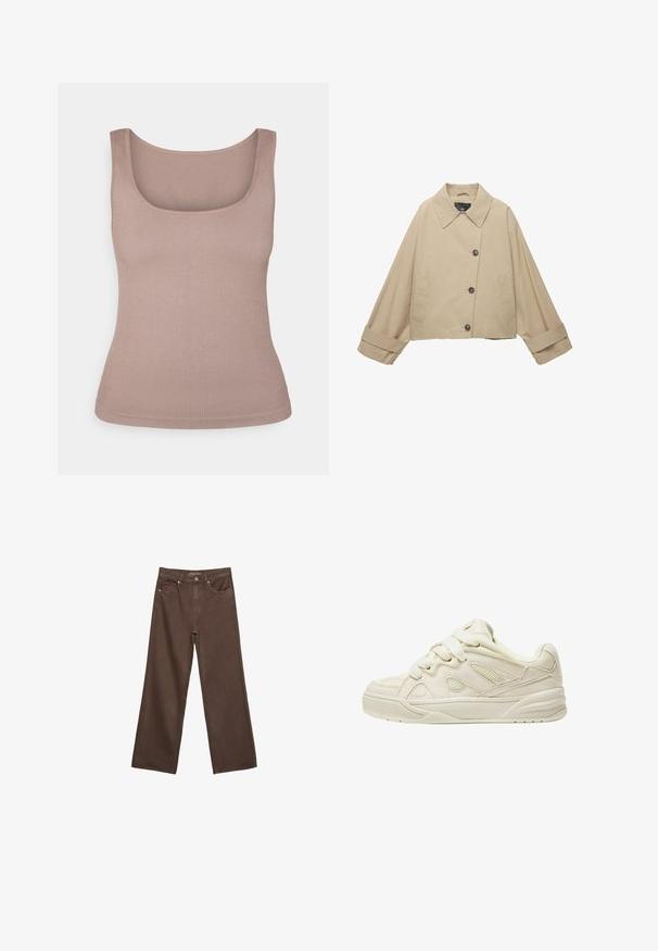 Bež jakna skraćena kroja s širokim ovratnikom, velikim dugmadi i dugim rukavima. Ima bočne džepove i glatku teksturu tkanine.; Rebrasti top bez rukava u mekoj bež boji, s kvadratnim izrezom. Materijal ima gladak teksturu i prilagođen oblik.; Proširene smeđe traperice od denima, s visokim strukom, prednjim džepovima i klasičnom kopčom na dugme. Glatka tekstura s suptilnim šavovima.; Bež tenisice s teksturiranim gornjim dijelom, istaknutim vezicama, mrežastim panelima i debelim potplatom. Zakrivljeni dizajn s podstavljenim izrezom za udobnost.