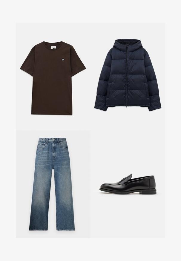 Marineblå pufferjakke med hætte, der har en frontlynlås, quiltet design og et lille logo på brystet. Blød, glat tekstur.; Mørkebrun kortærmet t-shirt med rund halsudskæring og et lille sort og hvidt logo patch på den øverste venstre bryst.; Blå denim bredbenede jeans med høj talje, subtilt slid, fem lommer og metalknaplukning foran.; Sorte læderloafers med en glat overflade, rund tå og en dekorativ strop over vampen. Lav hæl med stabeldesign, minimalistisk stil.