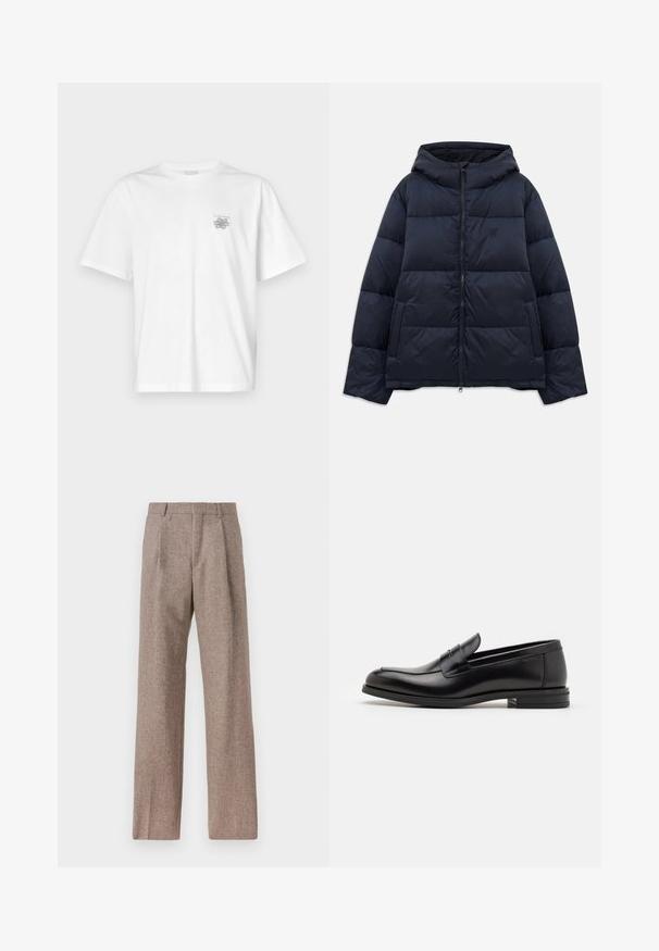 Navy blue puffer jacket with a hood, featuring a front zipper, quilted design, and a small logo on the chest. Soft, smooth texture.; White t-shirt made of cotton featuring short sleeves, a crew neck, and a small gray logo on the left chest area. Smooth texture.; Brown, high-waisted trousers made of textured fabric. Features wide legs and two front pleats for structure. Neat finish with no visible hardware.; Black leather loafers with a smooth texture, rounded toe, and a decorative strap across the vamp. Low stacked heel, minimalist design.