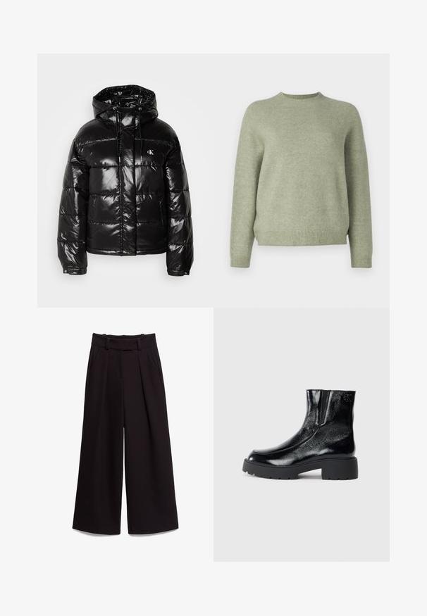 Svart boblejakke med blank overflate, med hette, glidelås og elastiske mansjetter. Utpreget logo detalj på brystet.; DRYKORN PEMIRI - Strikkegenser - green; Svarte vid bukser laget av glatt stoff, med høy midje, beltehemper og to frontlommer. Plisse design gir tekstur.; Svarte ankelstøvler med en blank lakkfinish, kraftig svart gummisåle og hevet hæl; inkluderer subtile logo-detaljer på siden.