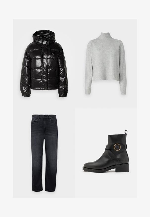 Schwarze Daunenjacke mit glänzender Oberfläche, ausgestattet mit Kapuze, Reißverschluss und elastischen Bündchen. Auffälliges Logo-Detail auf der Brust.; Hellgrauer Rollkragenpullover aus weichem Strickstoff, mit langen Ärmeln und einem gerippten Saum sowie Rippbündchen. Ohne Muster oder Hardware-Details.; Dunkelblaue Denim-Jeans mit normaler Passform, geraden Beinen, Fronttaschen, einer kleinen Münztasche und einem Knopfverschluss. Glatte Textur und minimale Ausbleichung.; BOSS IRYNA BOOTIE - Plateaustiefelette - black