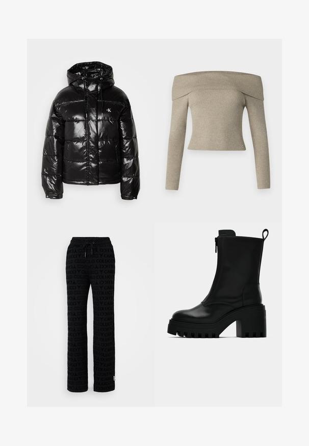 Svart boblejakke med blank overflate, med hette, glidelås og elastiske mansjetter. Utpreget logo detalj på brystet.; Beige ribbet strikket topp med avskåret skuldre, lange ermer og tettsittende design. Har en liten logo detalj nederst.; Sorte joggebukser med et gjentakende logomønster, elastisk midjebånd med snøring, og løs passform for komfort.; Sorte lær ankelsko med kraftig såle, blokkhæl, sidelukking med glidelås og trekketap bak på ensfarget hvit bakgrunn.