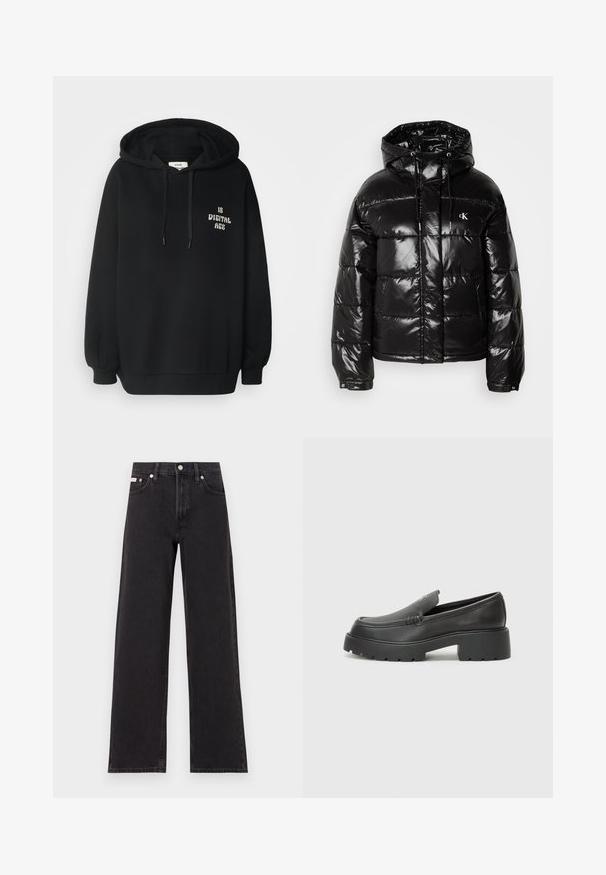 Giubbotto piumino nero con finitura lucida, dotato di cappuccio, chiusura a zip e polsini elasticizzati. Dettaglio logo in evidenza sul petto.; Felpa nera con cappuccio realizzata in tessuto misto cotone, con maniche lunghe, polsini a costine e testo stampato "IS DIGITAL AGE" in bianco.; Jeans neri a gamba larga in denim, con vita alta, styling a cinque tasche e chiusura con bottone metallico e cuciture a contrasto.; Mocassini in pelle nera con punta arrotondata, suola spessa e testurizzata, e minime cuciture. Design elegante senza lacci o parti metalliche visibili.