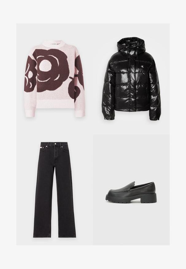 Fekete puffdzseki fényes felülettel, kapucnival, cipzáras záródással és rugalmas mandzsettákkal. Figyelemre méltó logó részlet a mellrészen.; Kötött pulóver, világos rózsaszín alapon nagy sötét virágminta. Bordázott nyakkivágás és mandzsetták, puha tapintás.; Fekete, bőszárú farmernadrág, magas derekú, öt zsebes kialakítással és fém gombos záródással, kontrasztos varrással.; Fekete bőr loafer cipők kerek orral, vastag, texturált talppal és minimális varrási részletekkel. Áramvonalas dizájn, látható fűzők vagy fém részek nélkül.