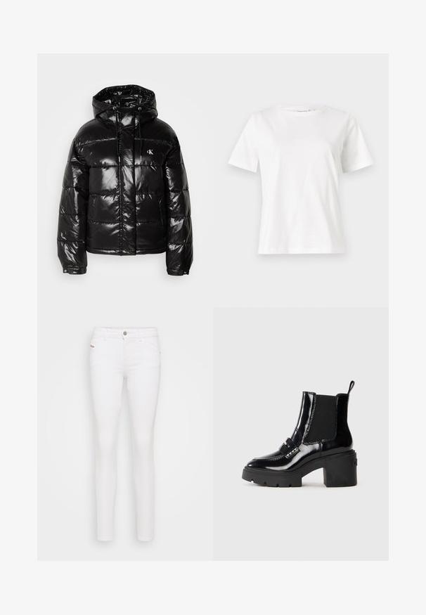 Chaqueta tipo puff negro con acabado brillante, que cuenta con capucha, cierre de cremallera y puños elásticos. Detalle notable del logo en el pecho.; Camiseta de algodón blanca de manga corta, con cuello redondo y un corte relajado. Textura suave, sin patrones ni acentos, diseño minimalista.; Jeans blancos ajustados hechos de una mezcla de algodón, con cierre de botón frontal, cinco bolsillos y una textura suave sin patrones.; Botín negro de charol con un tacón grueso, paneles laterales elásticos, correa decorativa y costuras en contraste. Textura suave con un acabado brillante.