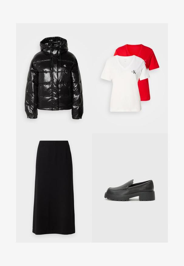 Schwarze Daunenjacke mit glänzender Oberfläche, ausgestattet mit Kapuze, Reißverschluss und elastischen Bündchen. Auffälliges Logo-Detail auf der Brust.; Zwei V-Ausschnitt-T-Shirts: eines weiß mit einem kleinen schwarzen Logo und eines rot. Beide bestehen aus Baumwolle und haben kurze Ärmel.; Schwarzer Maxirock mit einer glatten, weichen Textur und einem elastischen Bund. Einfacher, gerader Schnitt ohne sichtbare Muster oder Verzierungen.; Schwarze Lederloafer mit einer abgerundeten Spitze, dicker strukturierten Laufsohle und minimalen Nähten. Schlankes Design ohne sichtbare Schnürsenkel oder Beschläge.