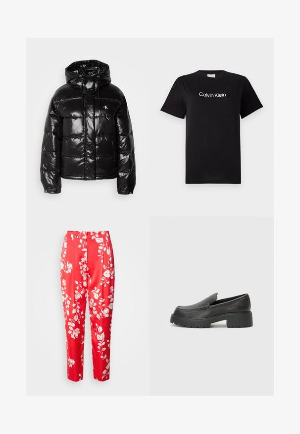 Black puffer jacket with a glossy finish, featuring a hood, zip closure, and elastic cuffs. Notable logo detail on the chest.; Black cotton t-shirt with short sleeves, featuring a white logo "Calvin Klein" printed across the chest. Classic crew neck design.; Red trousers made from smooth fabric featuring a white floral pattern. They have a tailored fit with a high waist and cropped length.; Black leather loafers with a rounded toe, thick textured sole, and minimal stitching details. Sleek design with no visible laces or hardware.