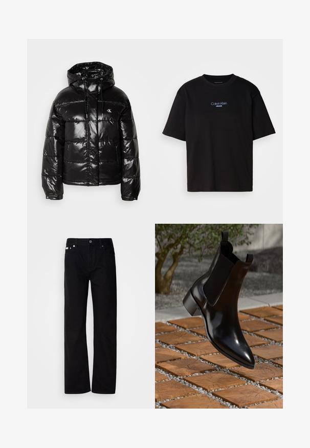 Svart boblejakke med blank overflate, med hette, glidelås og elastiske mansjetter. Utpreget logo detalj på brystet.; Sort bomull t-skjorte med rund hals, korte ermer, og blå brodert "Calvin Klein JEANS" logo på forsiden.; Svart denim rettfittede bukser med fem lommer, sølvnitter og knappestolpe. Stoffet har en glatt, lett teksturert overflate.; Sorte skinn Chelsea-støvler med spiss tå, elastiske sidepaneler og en tykk hæl, hvilende over en overflate med stein- og trek mønster.