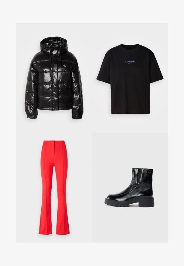 Black puffer jacket with a glossy finish, featuring a hood, zip closure, and elastic cuffs. Notable logo detail on the chest.; Black cotton t-shirt with a round neck, short sleeves, and blue embroidered "Calvin Klein JEANS" logo on the front.; Patrizia Pepe PANTALONI TROUSERS - Trousers - glam red; Black ankle boots with a glossy patent leather finish, chunky black rubber sole, and raised heel; includes subtle logo detail on the side.