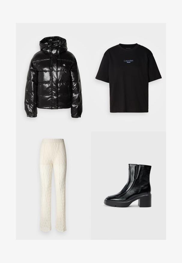 Veste doudoune noire avec finition brillante, dotée d'une capuche, d'une fermeture éclair et de poignets élastiques. Détail de logo notable sur la poitrine.; T-shirt en coton noir avec un col rond, des manches courtes et un logo brodé bleu "Calvin Klein JEANS" sur le devant.; Pantalons en dentelle crème avec un tissu texturé et à motifs. Dotés d'une taille lisse et de jambes évasées, soulignant un design léger.; Bottines en cuir verni noir avec un bout arrondi, des panneaux latéraux en élastique et un talon épais. Comprend un logo embossé à l'arrière.