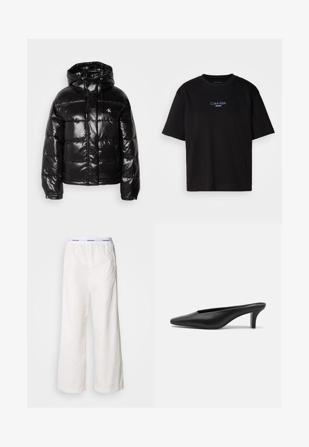 Juodas pūkuotas džemperis su blizgiu paviršiumi, turintis gobtuvą, užtrauktuką ir elastingas rankoves. Ryškus logotipo detalė ant krūtinės.; Juodas medvilnės marškinėliai su apykakle, trumpomis rankovėmis ir mėlynai siuvinėtu "Calvin Klein JEANS" logotipu priekyje.; Balti pločio kelnės su elastinga juosta, dekoruotos kontrastingu Calvin Klein logotipu. Pagamintos iš lygaus audinio, jos suteikia laisvą prigludimą.; Juodi odiniai mulesai su smailiu priekiniu kraštu ir žemu stiletto kulnu. Lygi tekstūra, minimalistinis dizainas ir atvira nugarėlė patogiam dėvėjimui.