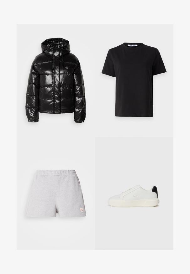 Črna puhovka z sijajno površino, opremljena s kapuco, zadrgo in elastičnimi manšetami. Opazen logotip na prsih.; Črna majica s kratkimi rokavi iz mehkega bombaža, ki ima okroglo izrezovanje, udoben kroj in gladko teksturo. Brez vidnih vzorcev ali grafike.; Sive bombažne kratke hlače z elastičnim pasom, stranskimi žepi in majhno oznako ob robu. Mehka tekstura, sproščen kroj, sproščen dizajn.; Bela trenerka z gladkim usnjenim zgornjim delom, okroglo prst, z vezalnim zapiranjem in kontrastnim črnim poudarkom na peti. Ima teksturiran gumijast podplat.