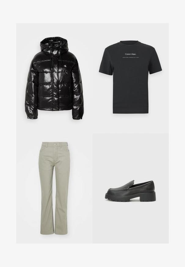 Čierna puffa bunda s lesklým povrchom, so kapucňou, zipsovým uzatváraním a elastickými manžetami. Výrazný logotyp na prsiach.; Čierne bavlnené tričko s okrúhlym výstrihom, kratkými rukávmi a bielou potlačou loga "Calvin Klein" a textu "Established 1968".; Svetlozelené, vysoké nohavice s rovnými nohavicami. Obsahujú klasické vrecká a kovové zapínanie vpredu. Mäkká textúra látky.; Čierne kožené mokasíny s okrúhlou špičkou, hrubou textúrovanou podrážkou a minimom stehovej výzdoby. Štíhly dizajn bez viditeľných šnúr alebo kovania.