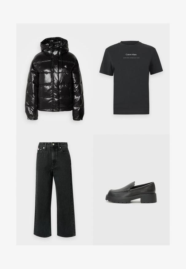 Casaco puffer preto com acabamento brilhante, apresentando uma capuz, fecho com zíper e punhos elásticos. Detalhe de logotipo notável no peito.; T-shirt de algodão preto com decote redondo, mangas curtas e logotipo "Calvin Klein" impresso em branco, acompanhado do texto "Established 1968".; Jeans de perna larga em denim preto, com cintura alta, dois bolsos frontais, um bolso traseiro único e fecho de botão com detalhe prateado.; Mocassins de couro preto com bico arredondado, sola espessa e texturizada, e detalhes de costura minimalistas. Design elegante sem atacadores ou ferragens visíveis.