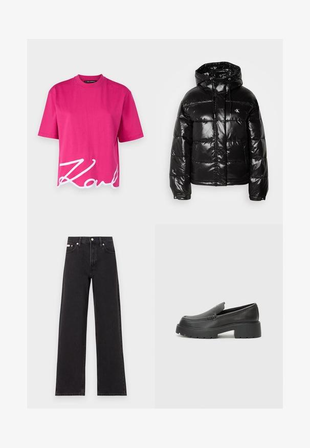 Black puffer jacket with a glossy finish, featuring a hood, zip closure, and elastic cuffs. Notable logo detail on the chest.; KARL LAGERFELD OVERSIZED SIGNATURE HEM - Basic T-shirt - very berry; Black wide-leg jeans made of denim, featuring a high-rise waist, five-pocket styling, and a metal button closure with contrasting stitching.; Black leather loafers with a rounded toe, thick textured sole, and minimal stitching details. Sleek design with no visible laces or hardware.