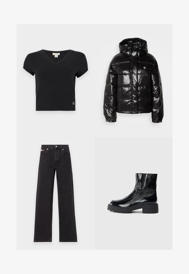 Svart pufferjacka med glansig yta, med huva, dragkedjestängning och elastiska ärmslut. Anmärkningsvärd logotypdetalj på bröstet.; Svart kortärmad V-ringad t-shirt i ribbat tyg. Har en liten, märkt etikett längst ner till vänster. Enkel, åtsittande design.; Svarta vida jeans i denim med hög midja, fem fickor och metallknappstängning med kontrasterande sömmar.; Svarta anklar stövlar med en glänsande lackläderfinish, kraftig svart gummisula och upphöjd klack; inkluderar subtil logotypdetalj på sidan.