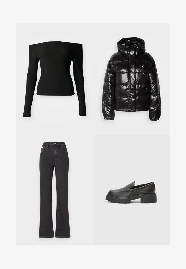 Svart pufferjacka med glansig yta, med huva, dragkedjestängning och elastiska ärmslut. Anmärkningsvärd logotypdetalj på bröstet.; Svart långärmad topp i ribbat tyg med en off-the-shoulder halsringning, figursydd design och rak fåll. Diskret varumärkesmärke i botten.; Svarta högmidjade utsvängda jeans i denim, med knappknäppning, bältesöglor och sidofickor. Slät textur med minimal urtvättning.; Svarta läderloafers med rund tå, tjockt strukturerat såle och minimala sömnadsdetaljer. Snygg design utan synliga snören eller beslag.