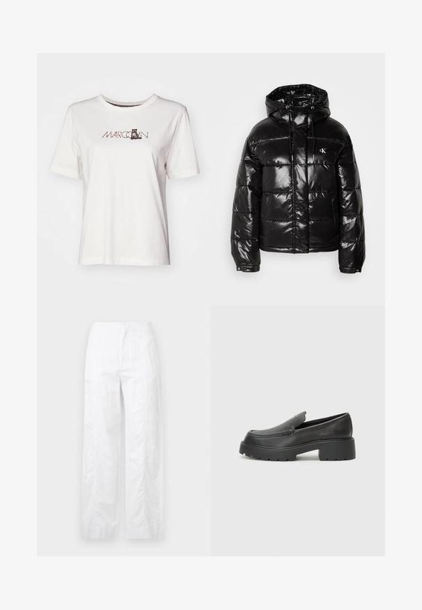 Melna pūkainā jaka ar spīdīgu apdari, kas aprīkota ar kapuci, rāvējslēdzēju un elastīgām piedurknēm. Ievērojama logo detaļa uz krūšu.; Balta kokvilnas T-kreklu ar īsām piedurknēm, apaļu kakla izgriezumu un apdrukātu dizainu ar vārdu "MARCCAIN" un kaķa ilustrāciju.; Baltas, plaša kāju bikses, izgatavotas no viegla auduma, ar gludu tekstūru, tīrām līnijām un augstu jostasvietu.; Melnas ādas mokasīni ar noapaļotu purngalu, biezs teksturēts zoles un minimālas dūriena detaļas. Gluds dizains bez redzamām auklām vai metāla elementiem.