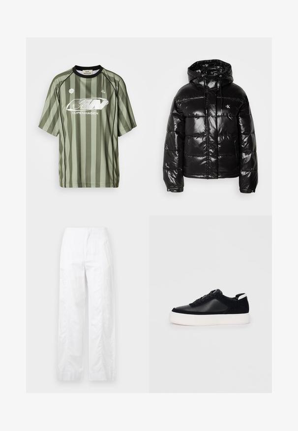Casaco puffer preto com acabamento brilhante, apresentando uma capuz, fecho com zíper e punhos elásticos. Detalhe de logotipo notável no peito.; Jersey desportivo às riscas verdes com mangas curtas, com um decote preto e um logotipo branco, feito de um tecido suave e respirável.; Calças brancas de perna larga feitas de um tecido leve, com uma textura suave, linhas limpas e um design de cintura alta.; Sapatilha preta com painéis de pele lisa e camurça, atacadores planos, bico arredondado e sola de borracha branca. Logótipo distinto no calcanhar.