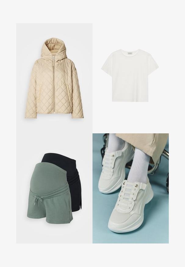 Bež odejena vatirana jakna s kapuco, opremljena z zadrgo spredaj, dvema stranskima žepoma in diagonalnim vzorcem šivov. Gladek tekstura.; Bela kratkotrajna majica s kratkimi rokavi, narejena iz mehke bombažne tkanine. Ima okroglo ovratnico in sproščen kroj. Čist dizajn brez vidnih vzorcev ali akcentov.; Materniteta kratke hlače v črni in zeleni barvi. Mehka bombažna tkanina, sproščen kroj, nastavljiv pas s vrvico, s plastično zasnovo.; Bele teniske z mrežastim materialom, gumene podplate, brez vezalk, z elastikami in zlatimi akcenti.