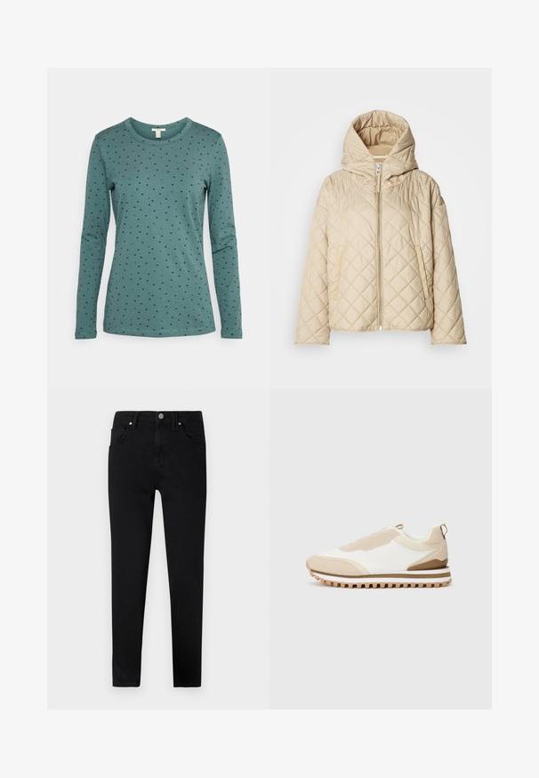 Casaco acolchoado tipo puffer bege com capuz, apresentando um fecho de correr frontal, dois bolsos laterais e um padrão de costura diagonal. Textura suave.; Esprit Camisola de manga comprida - teal blue; Jeans de ganga preta com um corte slim, apresentando um fecho frontal por botão, passantes para cinto e design clássico de cinco bolsos. Textura suave.; Sapatilha de cano baixo bege e branca com sola texturizada e puxador na parte de trás, exibida sobre um fundo claro uniforme, vista lateral.