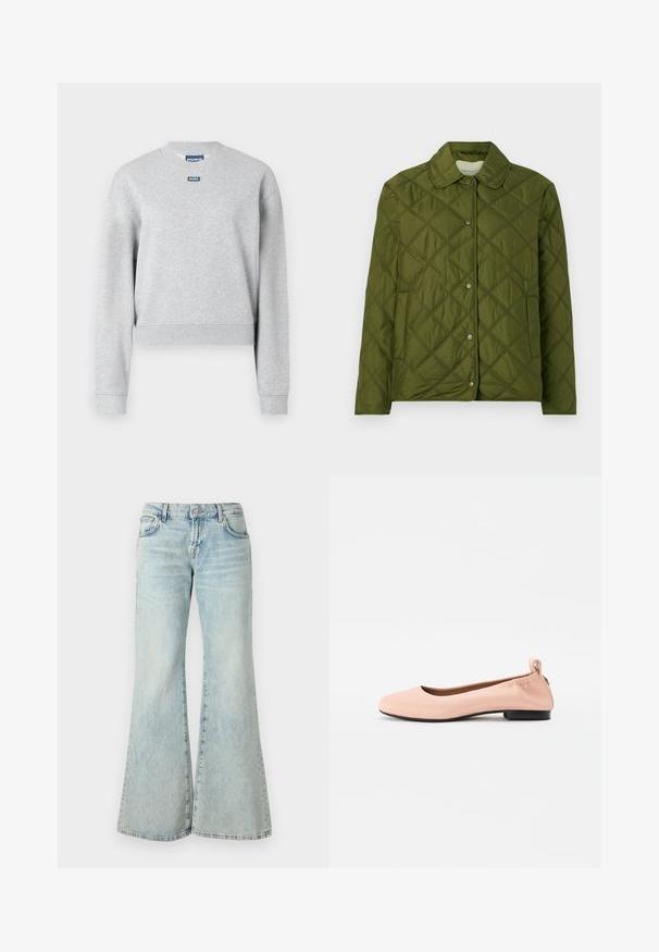 Prešívaná olivovo zelená bunda vyrobená z ľahkej tkaniny, s okrúhlym golierom a zatváraním na cvoky, s dizajnom v diamantovom vzore.; Sivý mikina s okrúhlym výstrihom, dlhými rukávmi a rebrovanými manžetami. Na hornej prednej strane má malú modrú logo nálepku. Mäkká textúra.; Svetlomodré rozšírené džínsy z denimu, s vysokým pásom, vreckami a rozstrapkanými okrajmi. Tkanina má vyblednutý vzhľad a jemnú textúru.; Svetloružové balerínky vyrobené z hladkého materiálu s okrúhlou špičkou, flexibilným záznamom a malým čiernym podpätkom.