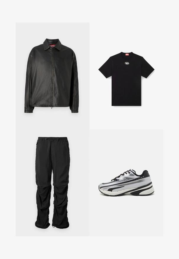 Zwarte leren jas met een ritssluiting aan de voorkant, klassieke kraag en lange mouwen. Heeft minimale stiksels en een ontspannen pasvorm.; Zwarte katoenen t-shirt met een ronde halslijn en korte mouwen. Heeft een klein, zilver logo geborduurd in het midden van de voorkant.; Zwarte utilitybroek van lichtgewicht stof met een elastische tailleband, verstelbare trekkoorden en zijzakken in een relaxte pasvorm.; Hardloopschoen met een zilveren mesh bovenzijde, zwarte accenten en een witte zool. Heeft een gestructureerd ontwerp en zwarte veters. Lichtgewicht en gevoerd.