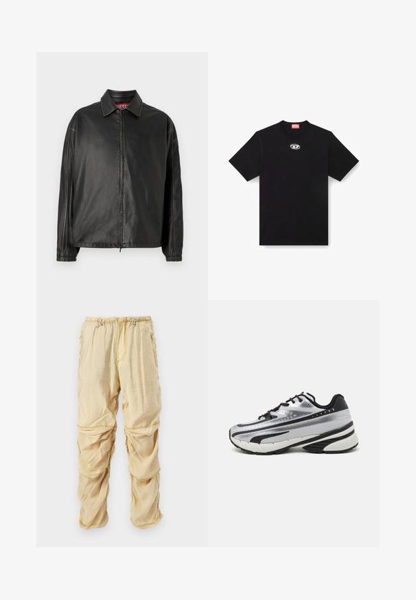 Musta nahkatakki, jossa on etuvetoketju, klassinen kauluspanta ja pitkät hihat. Sisältää minimaalista ompelua ja rentoa istuvuutta.; Musta puuvillapaita, jossa on pyöreä kaula-aukko ja lyhyet hihat. Edessä keskellä pieni, hopeinen logo brodeerattuna.; Vaaleanbeige nylon cargo-housut, joissa on säädettävät kiristysnyörit vyötäröllä ja vetoketjulliset taskut, suunniteltu rypytettyjen, kerroksellisten kangasten yksityiskohdilla.; Juoksukengät, joissa on hopeanvärinen verkkopäällinen, mustat yksityiskohdat ja valkoinen pohja. Varustettu tekstuurilla ja mustilla nauhoilla. Kevyet ja pehmustetut.
