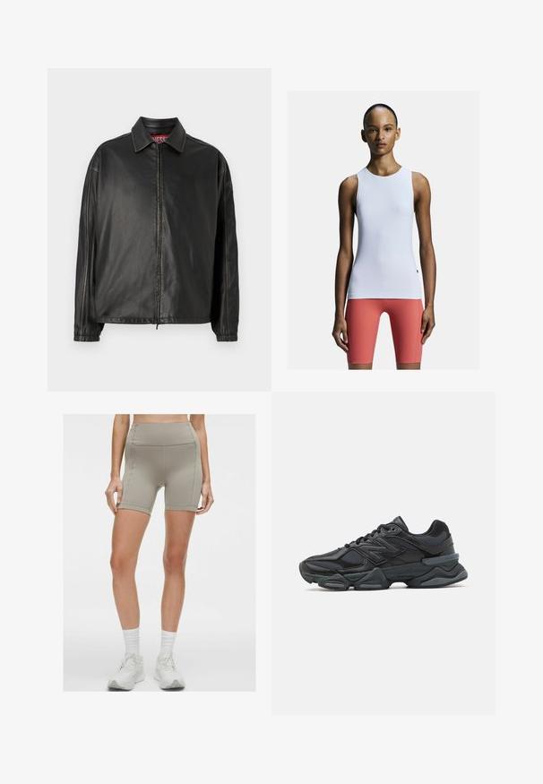 Schwarze Lederjacke mit einem Frontreißverschluss, klassischem Kragen und langen Ärmeln. Hat eine minimalistische Nahtführung und ein lässiges Schnittdesign.; Weißes ärmelloses Sportoberteil aus dehnbarem Material mit einem runden Ausschnitt und einer taillierten Passform, kombiniert mit rosa Shorts.; lululemon SWIFT SPEED HIGH-RISE 15CM - Kurze Lauftights - warm ash grey; Schwarzer Laufschuh mit einer Mischung aus Mesh- und sinthetischen Materialien, dicke Sohle, geschwungenes Design und auffälliger Markenkennzeichnung an der Seite.